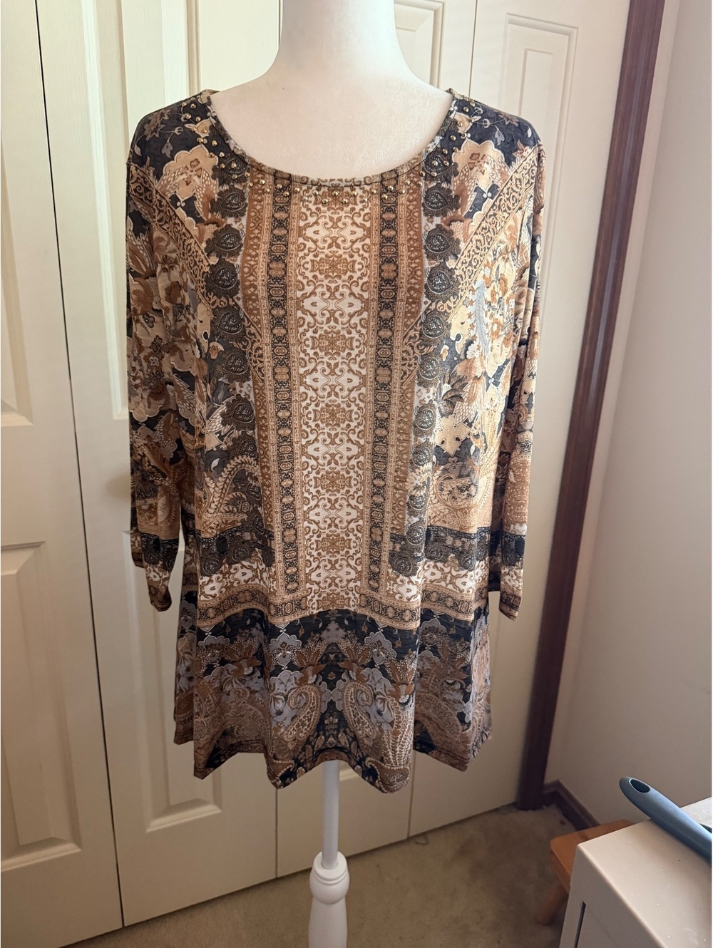 Ruby Rd XL Paisley Boho Tunic Top Brown Tan Embellished 3/4 Sleeve